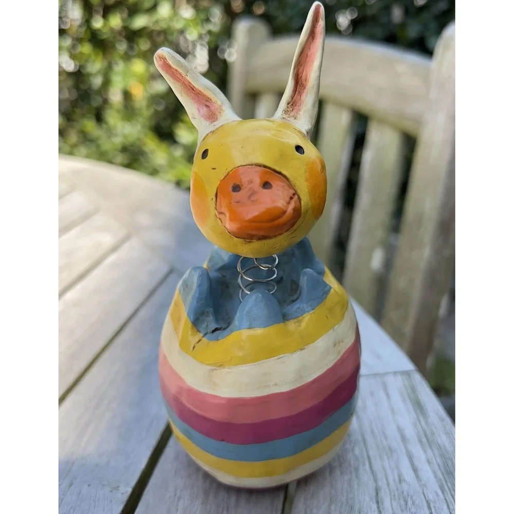 Penny McAllister Duck With Bunny Ears folk art Stripe Egg Easter 2003 Bobblehead